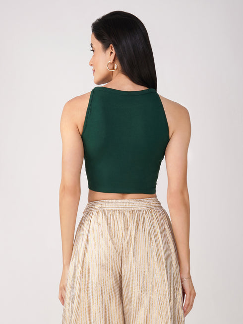 Women's Stretchy Knitted Halter Neck Green Crop Top