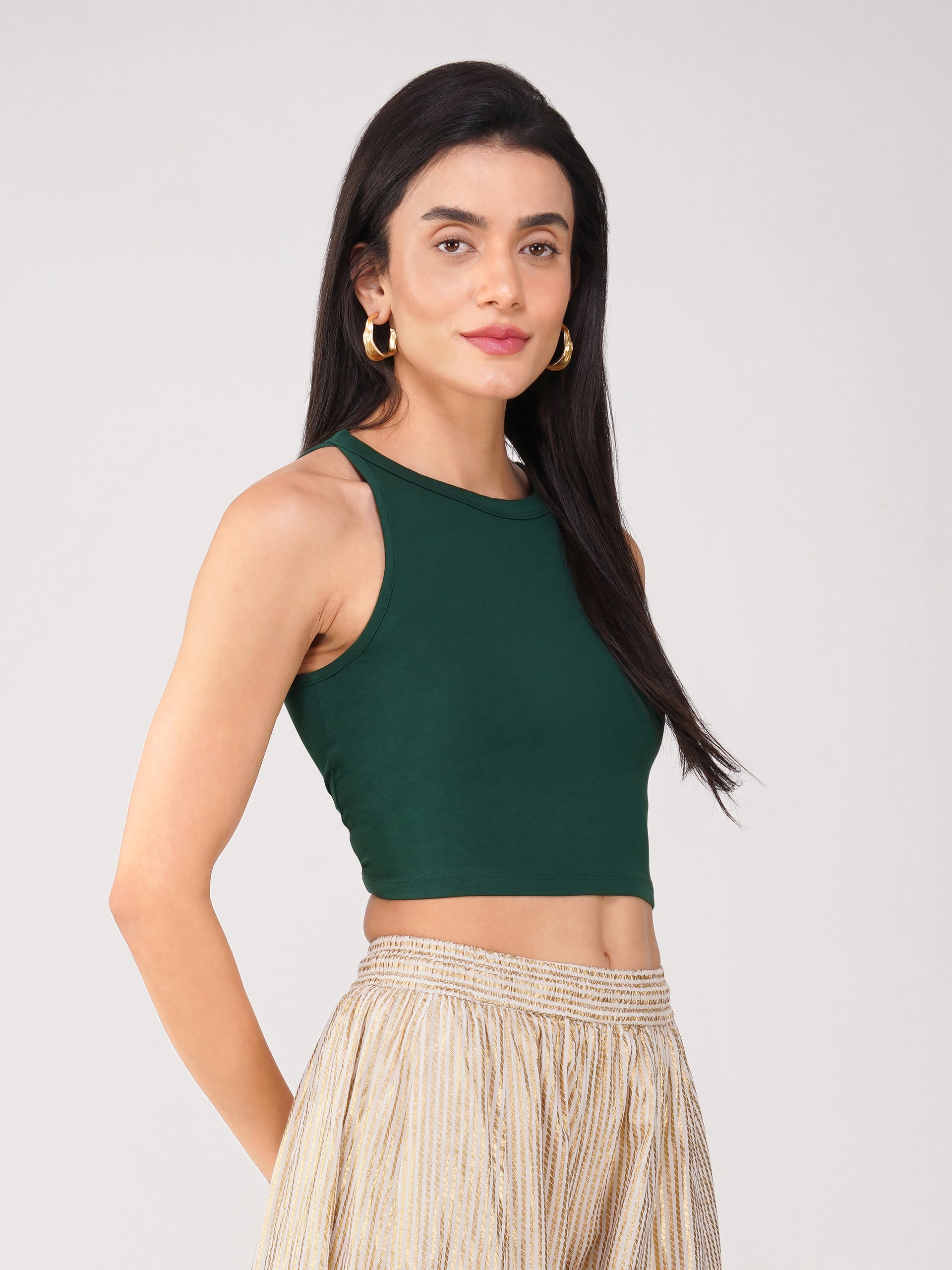 Women's Stretchy Knitted Halter Neck Green Crop Top