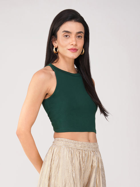 Women's Stretchy Knitted Halter Neck Green Crop Top