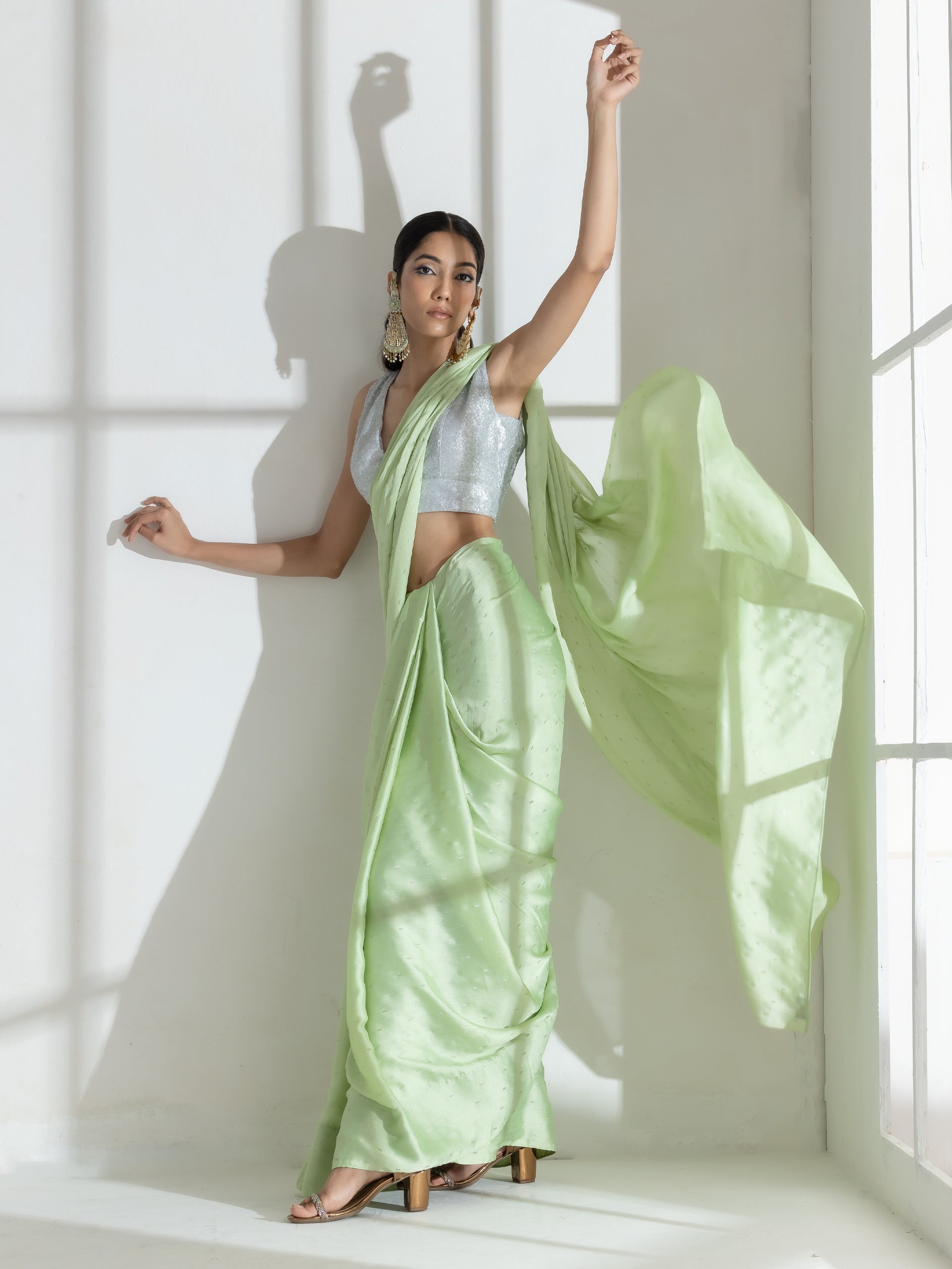 Mint Silver Printed Butter Chiffon Saree