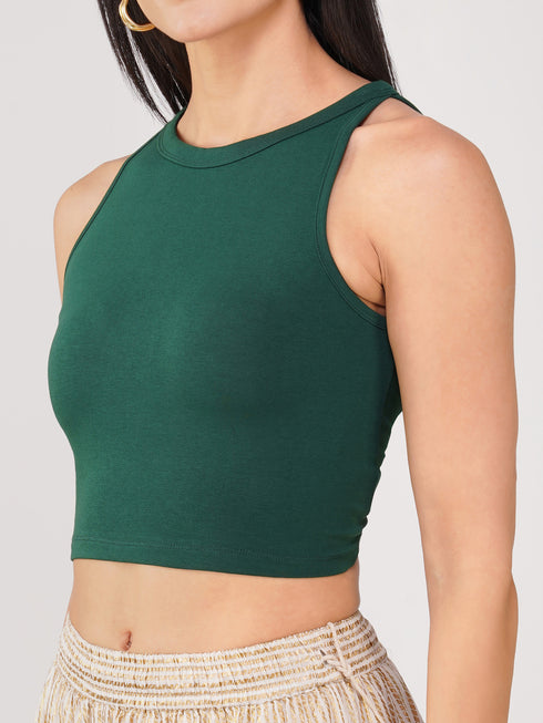 Women's Stretchy Knitted Halter Neck Green Crop Top
