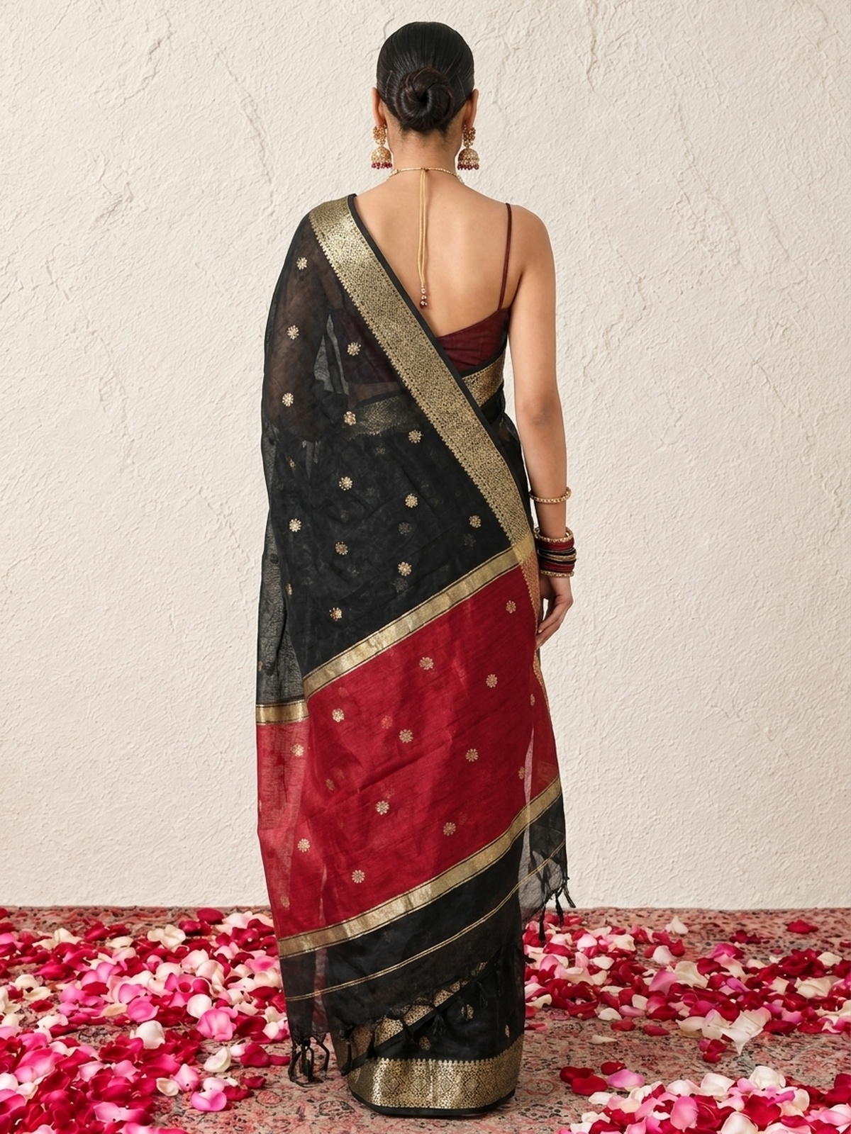 Black and Red Chanderi Cotton Silk Saree with Matching Red Blouse Fabric