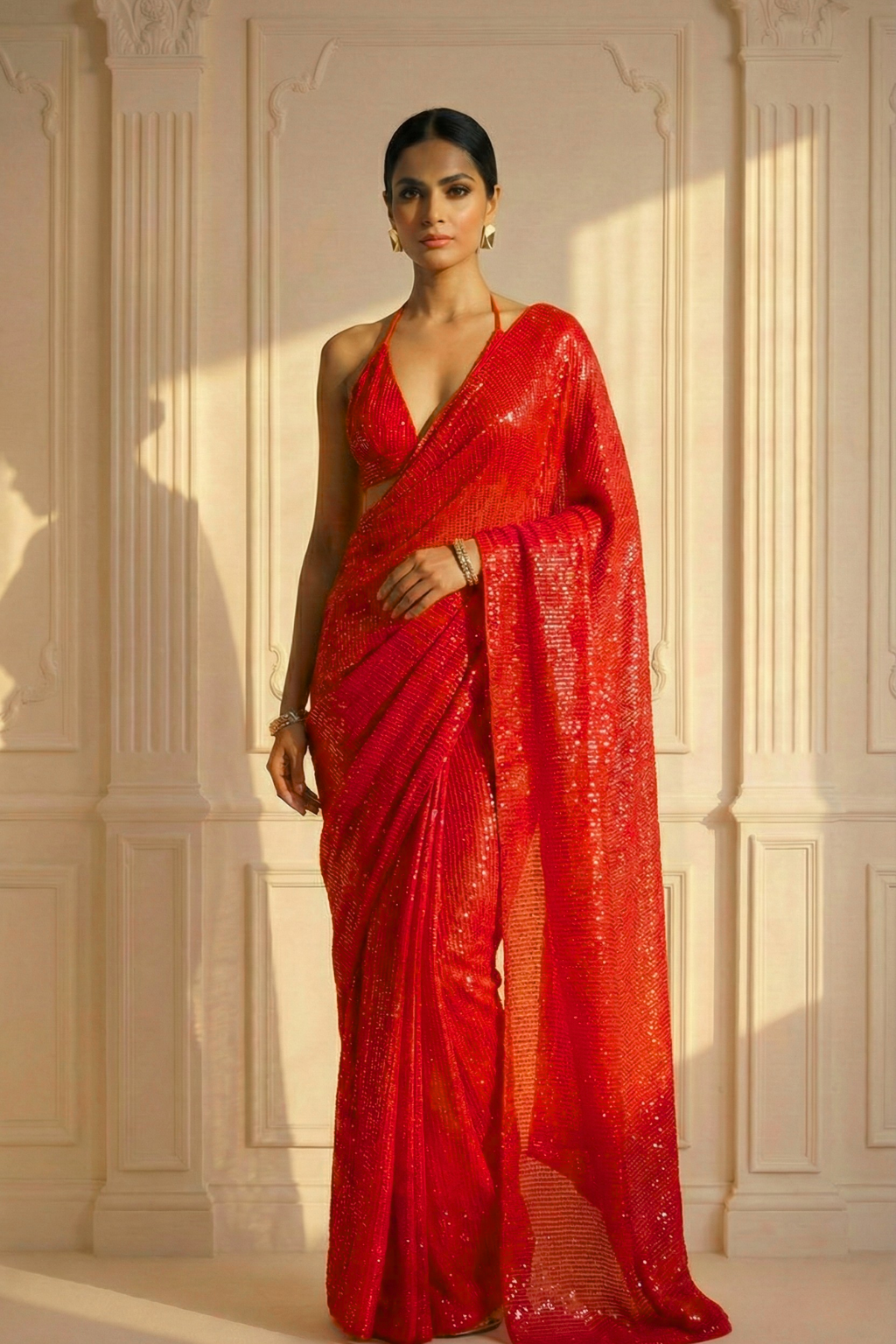 Scarlet Rouge Knitted Sequin Saree with Blouse Fabric