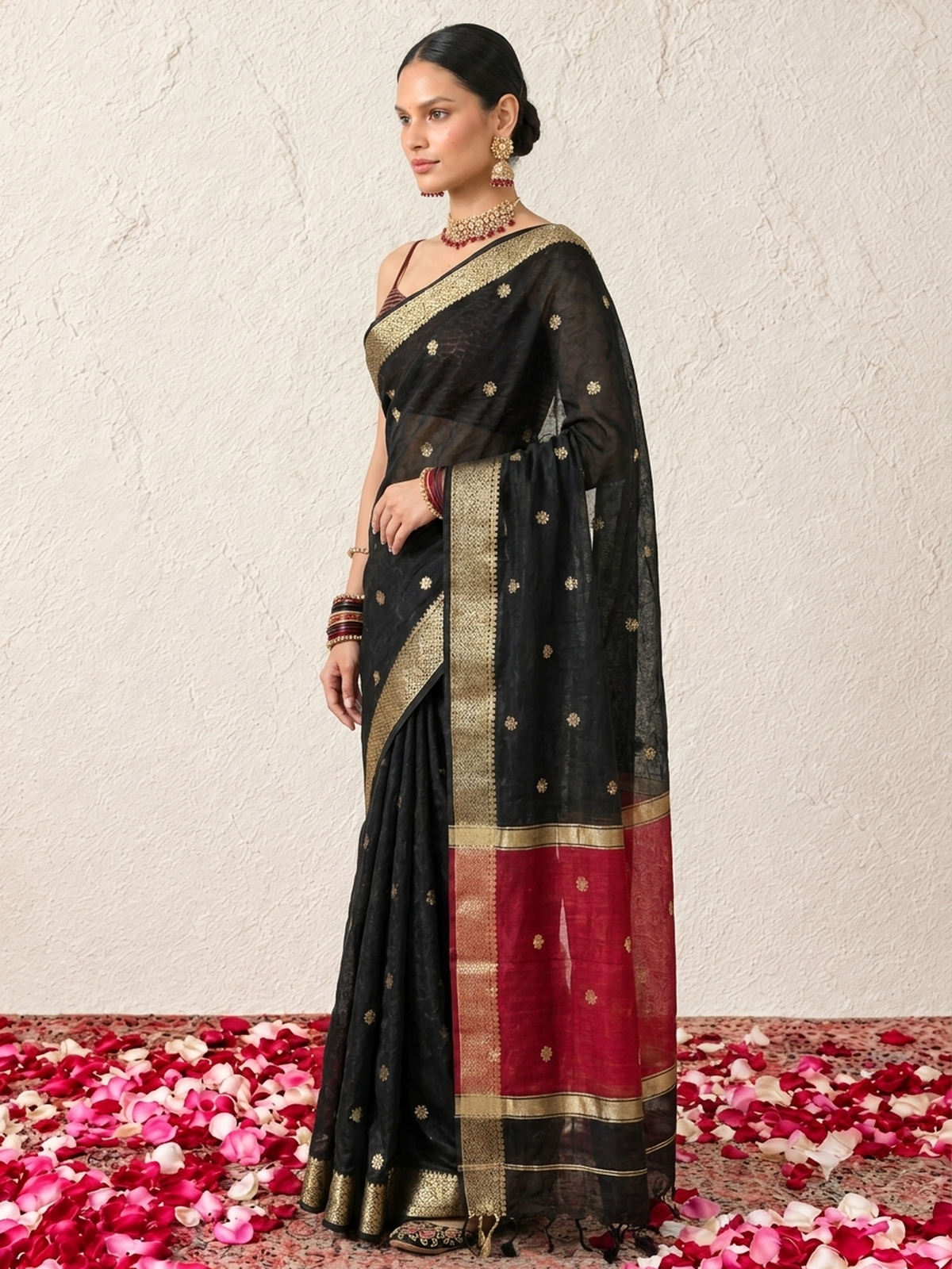 Black and Red Chanderi Cotton Silk Saree with Matching Red Blouse Fabric