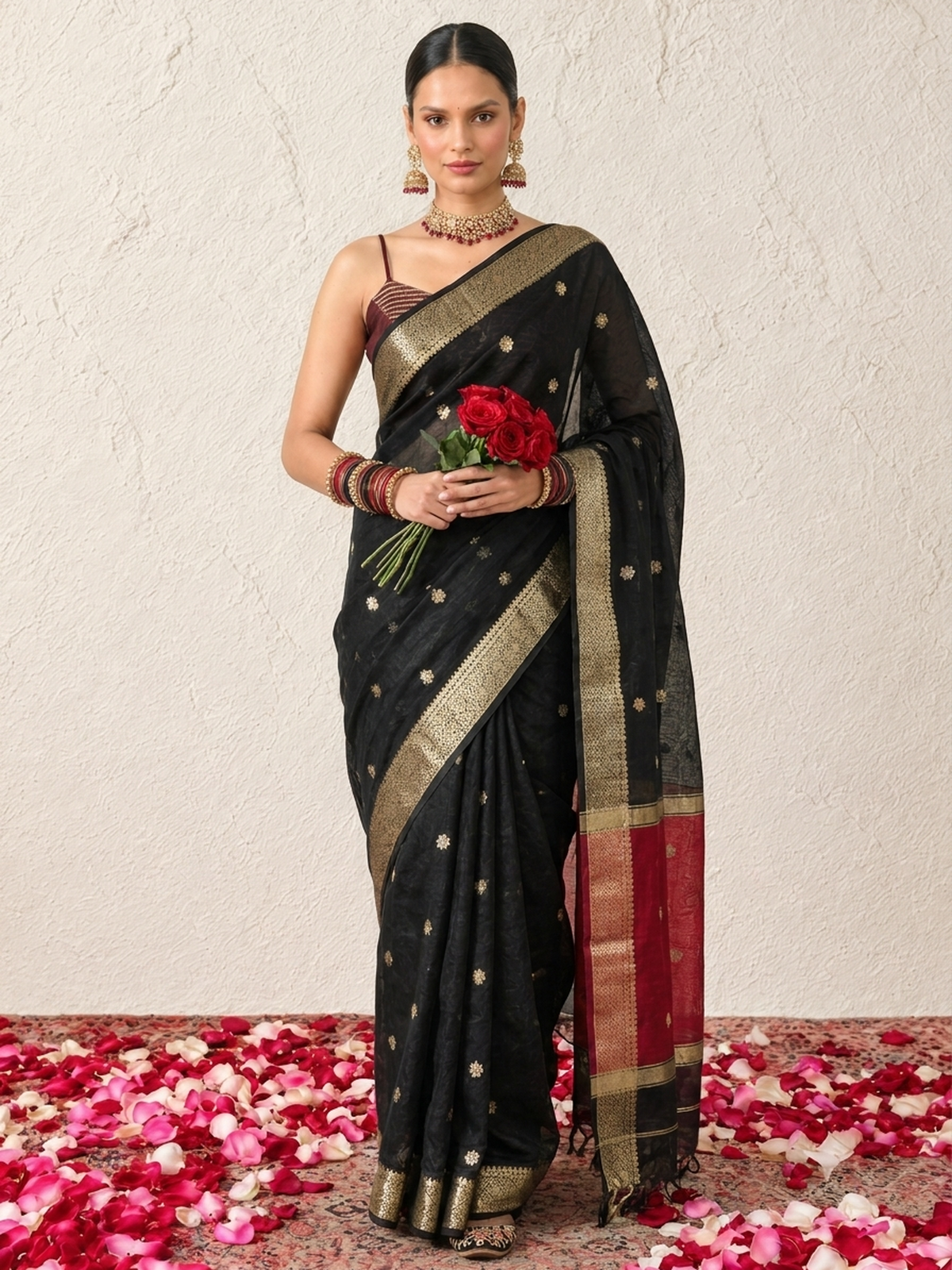 Black and Red Chanderi Cotton Silk Saree with Matching Red Blouse Fabric