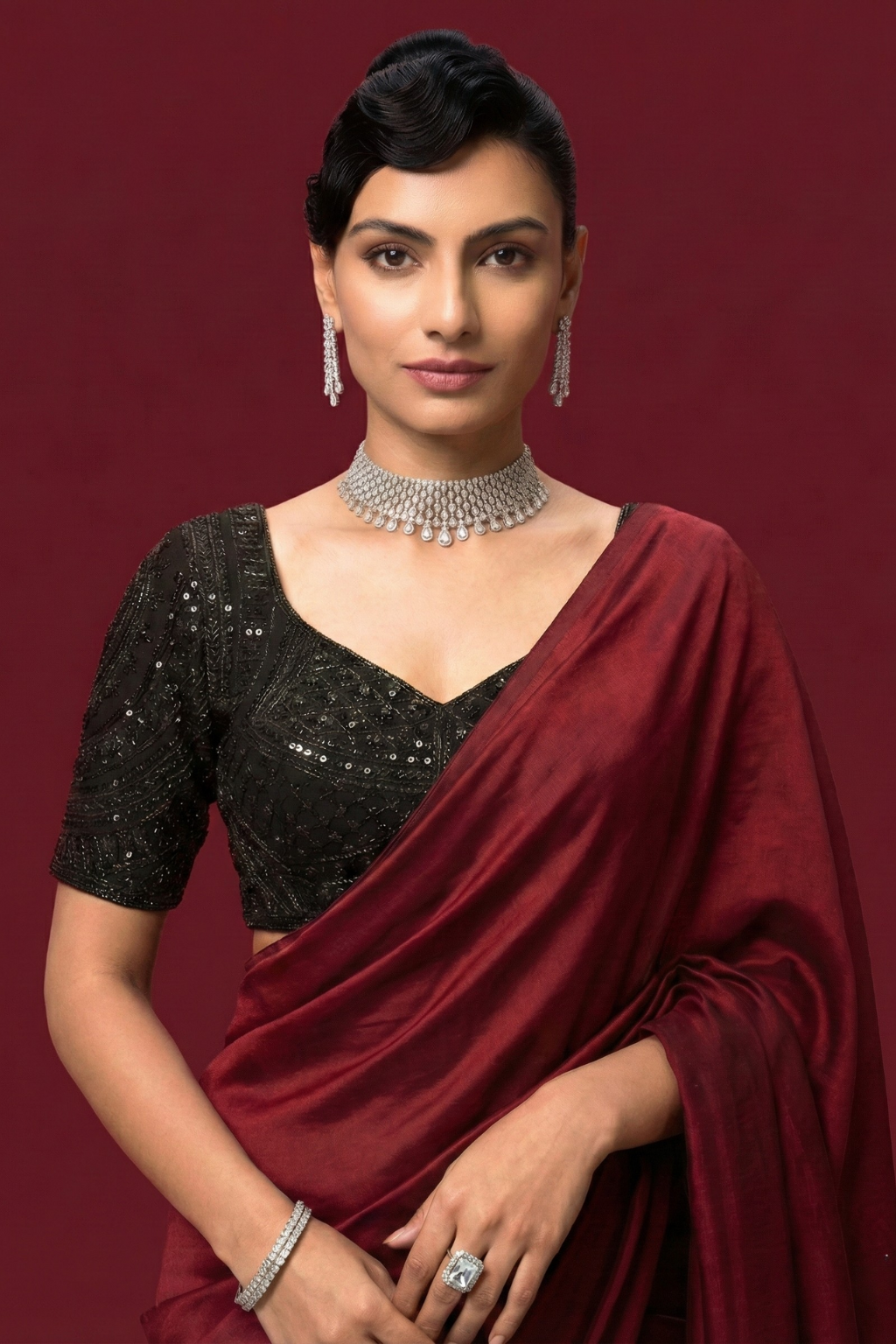 Black Hand Embroidered Cut Dana Sabya Blouse – Free-Size Adjustable 32–40 inches | Couture Designer Blouse