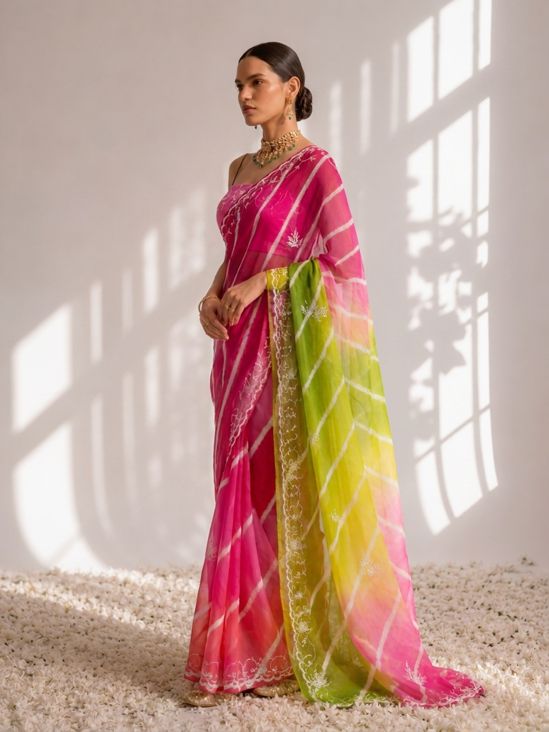 Pink and Green Pure Silk Chiffon Dyed Ombre Saree with Hand Beading and Crepe Blouse Fabric