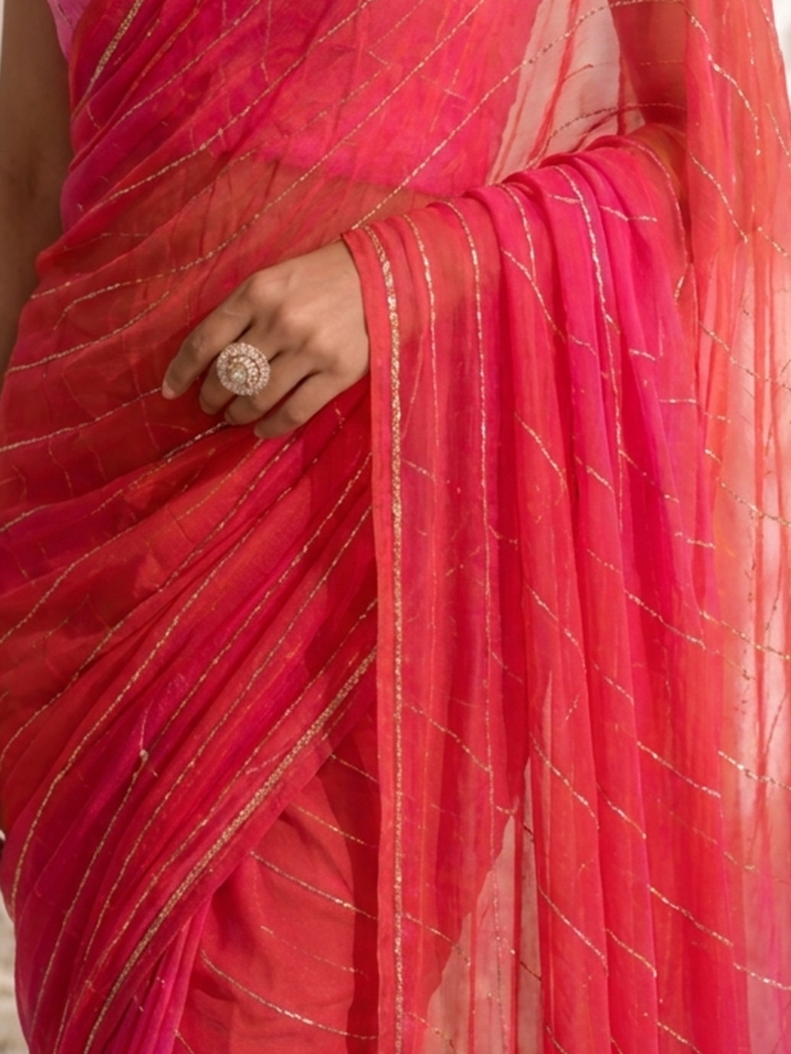 Pink and Coral Pure Silk Chiffon Dyed Ombre Saree with Allover Cut Dana and Crepe Blouse Fabric