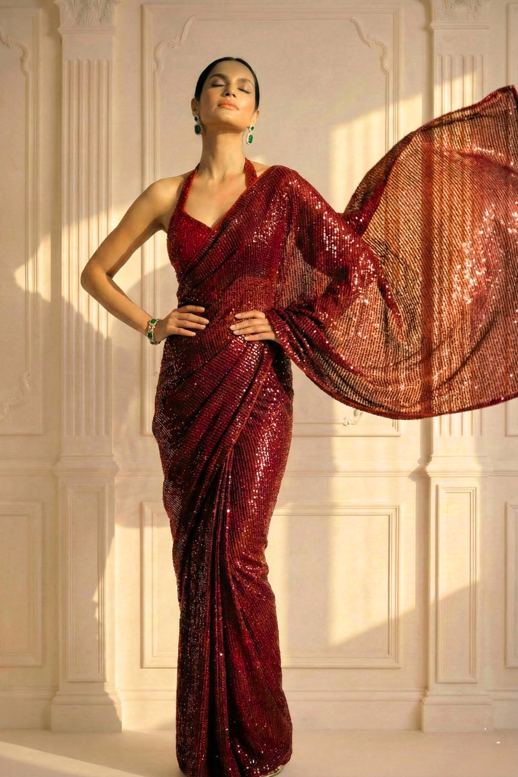 Diva Maroon Knitted Sequin Saree with Blouse Fabric