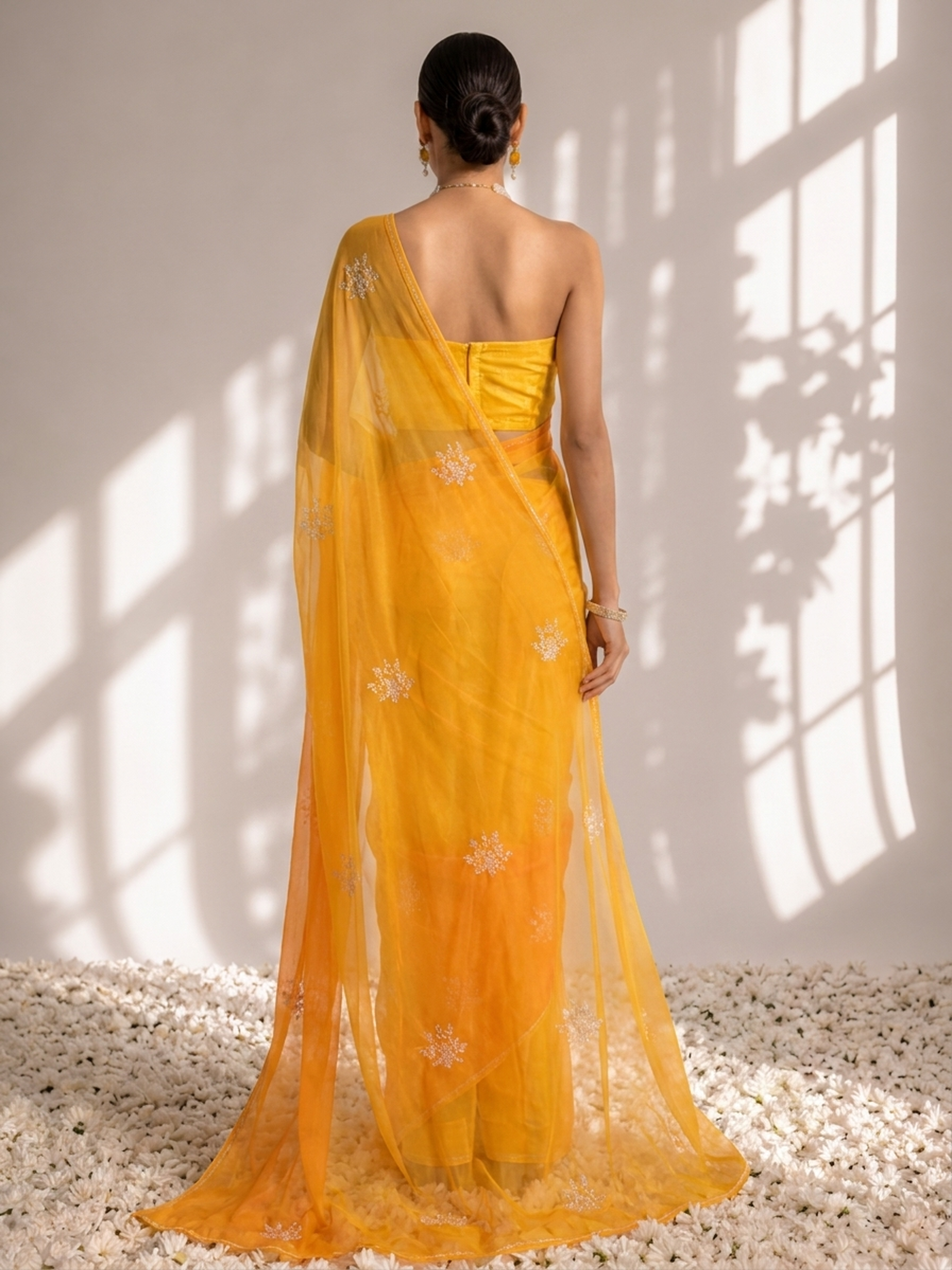 Yellow and Mango Pure Silk Chiffon Dyed Ombre Saree with Handwork and Crepe Blouse Fabric