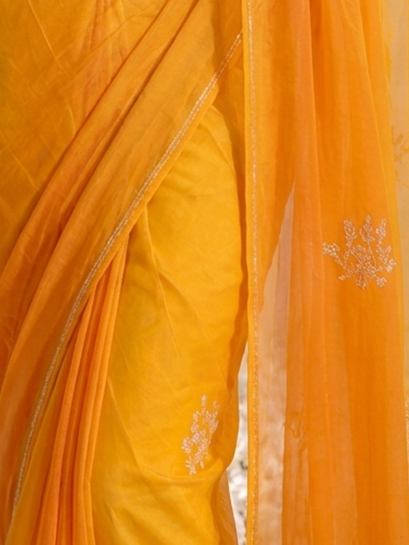 Yellow and Mango Pure Silk Chiffon Dyed Ombre Saree with Handwork and Crepe Blouse Fabric