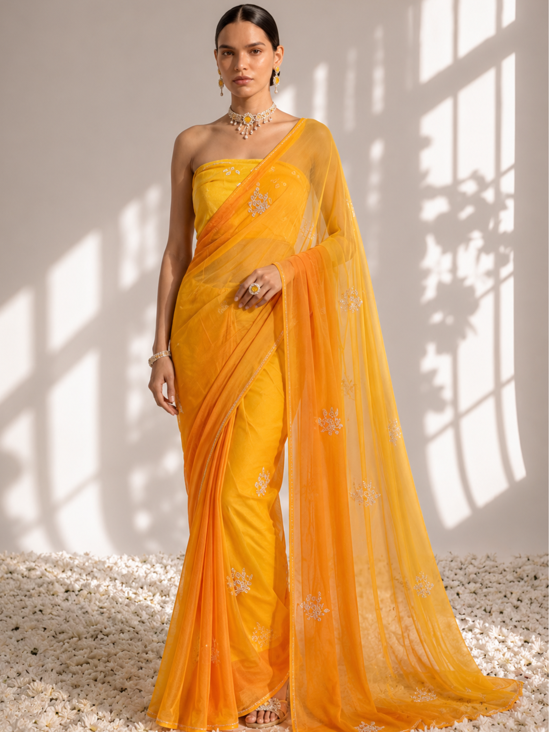 Yellow and Mango Pure Silk Chiffon Dyed Ombre Saree with Handwork and Crepe Blouse Fabric
