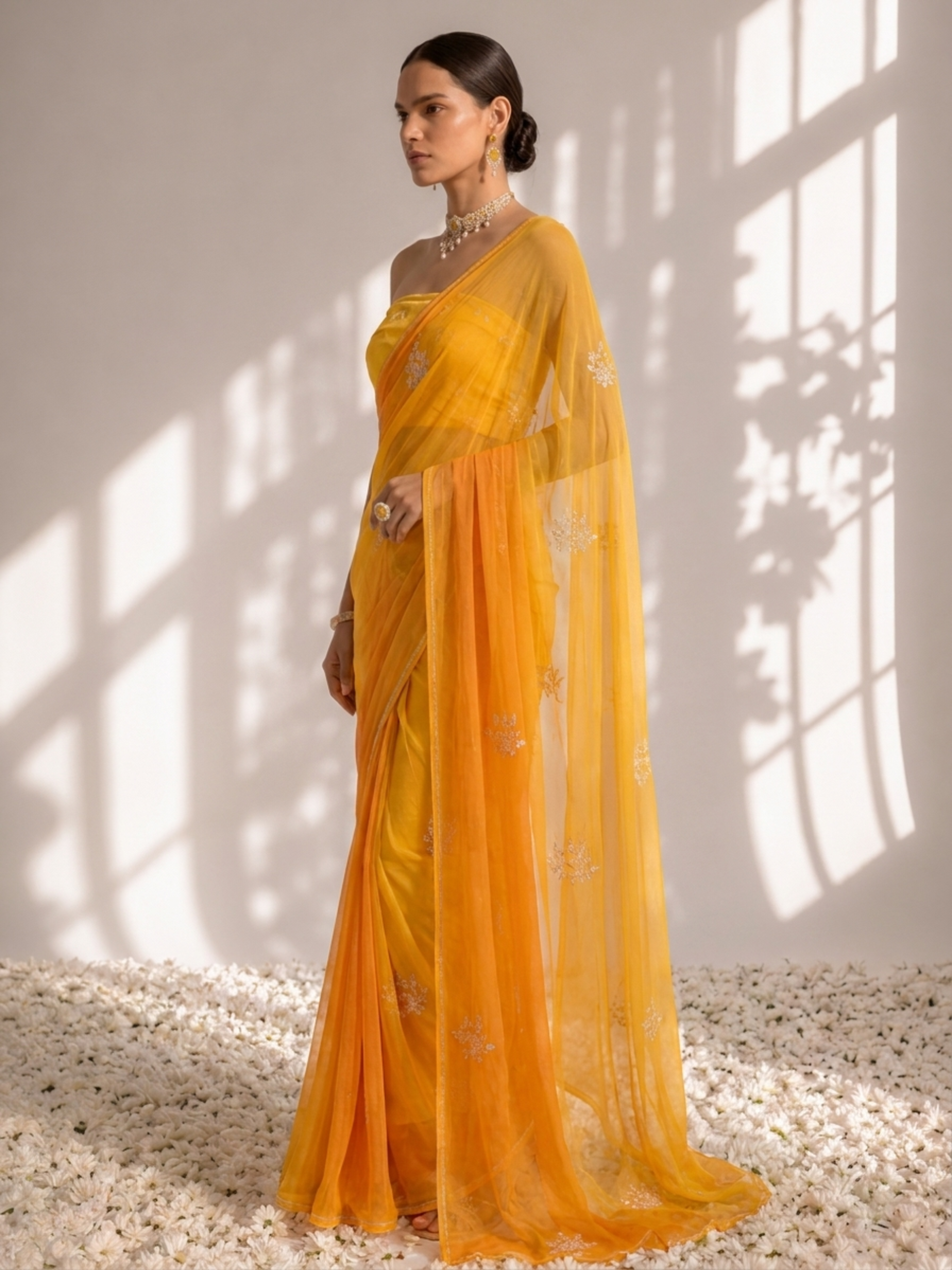 Yellow and Mango Pure Silk Chiffon Dyed Ombre Saree with Handwork and Crepe Blouse Fabric