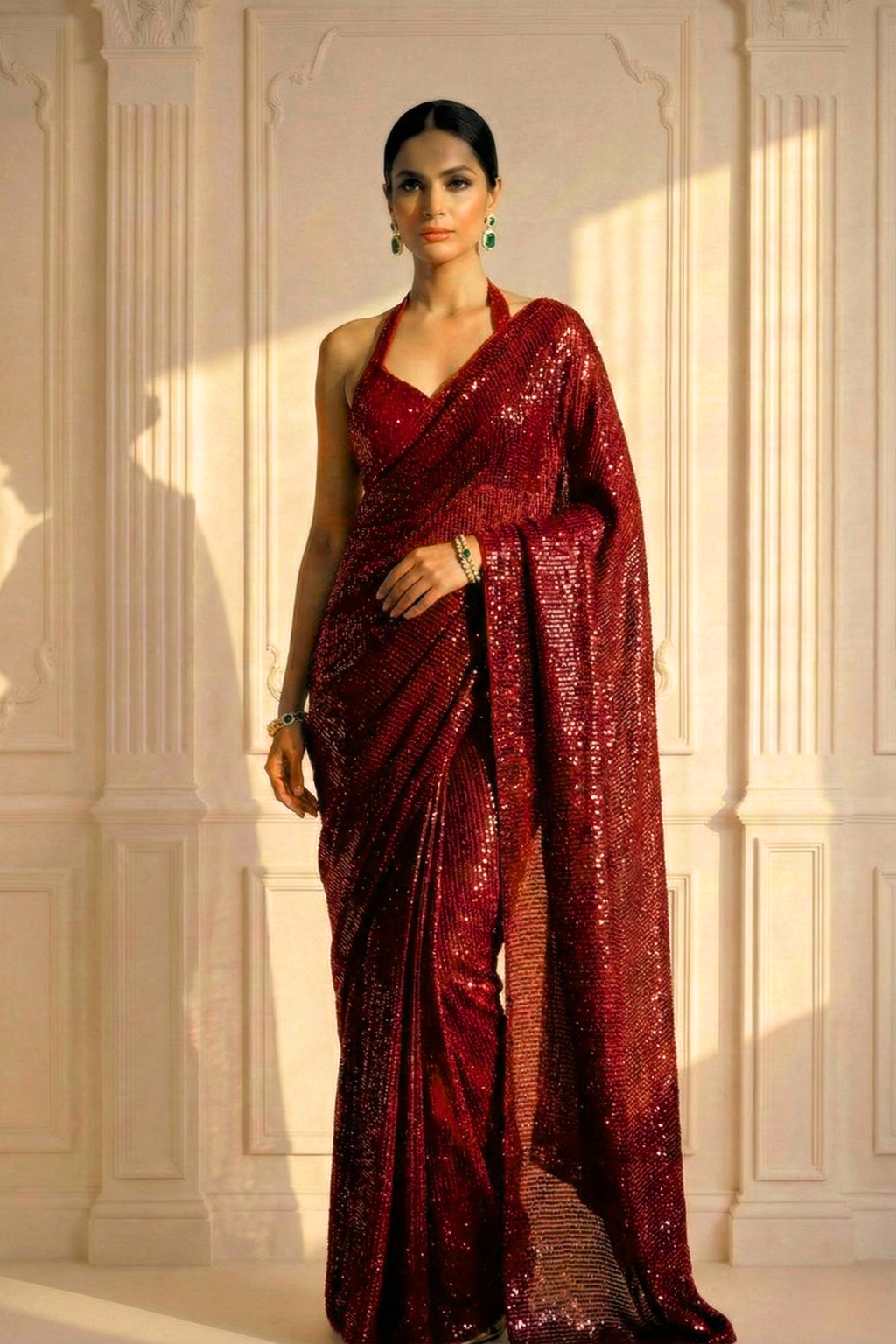 Diva Maroon Knitted Sequin Saree with Blouse Fabric
