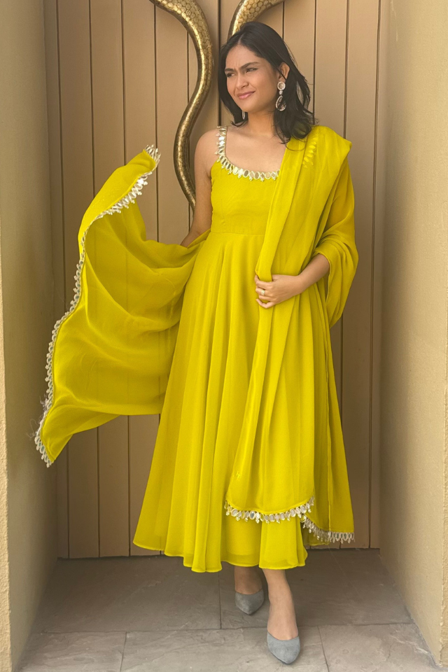 3 pc Suit Set -Lime Green Mirror Edge Georgette Sleeveless Anarkali with Dupatta and Pants