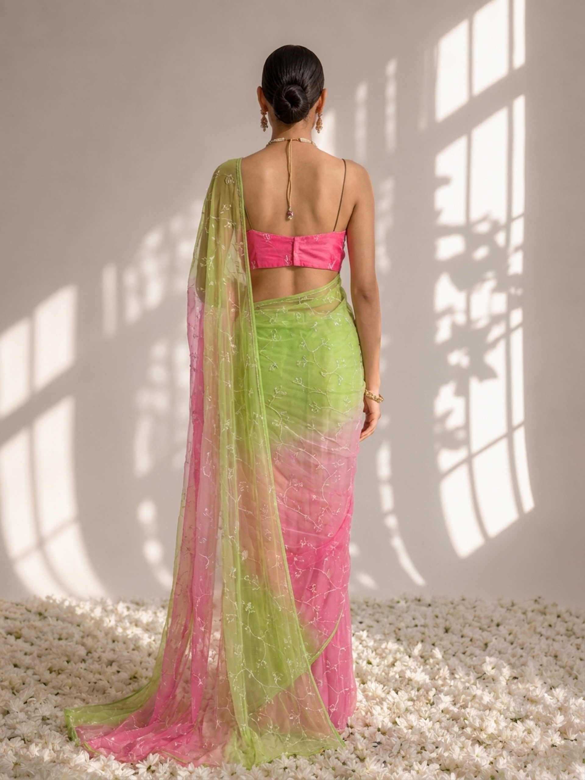 Pink and Lime Pure Silk Chiffon Dyed Ombre Saree with Allover Sequin Handwork and Blouse Fabric