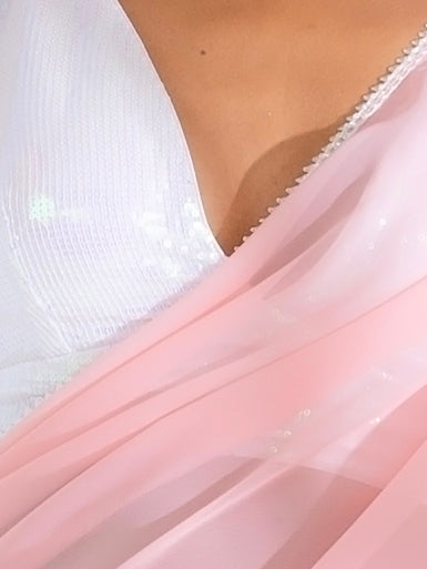 Pink salmon georgette saree with lace and iridescent sequin blouse fabric — view 2