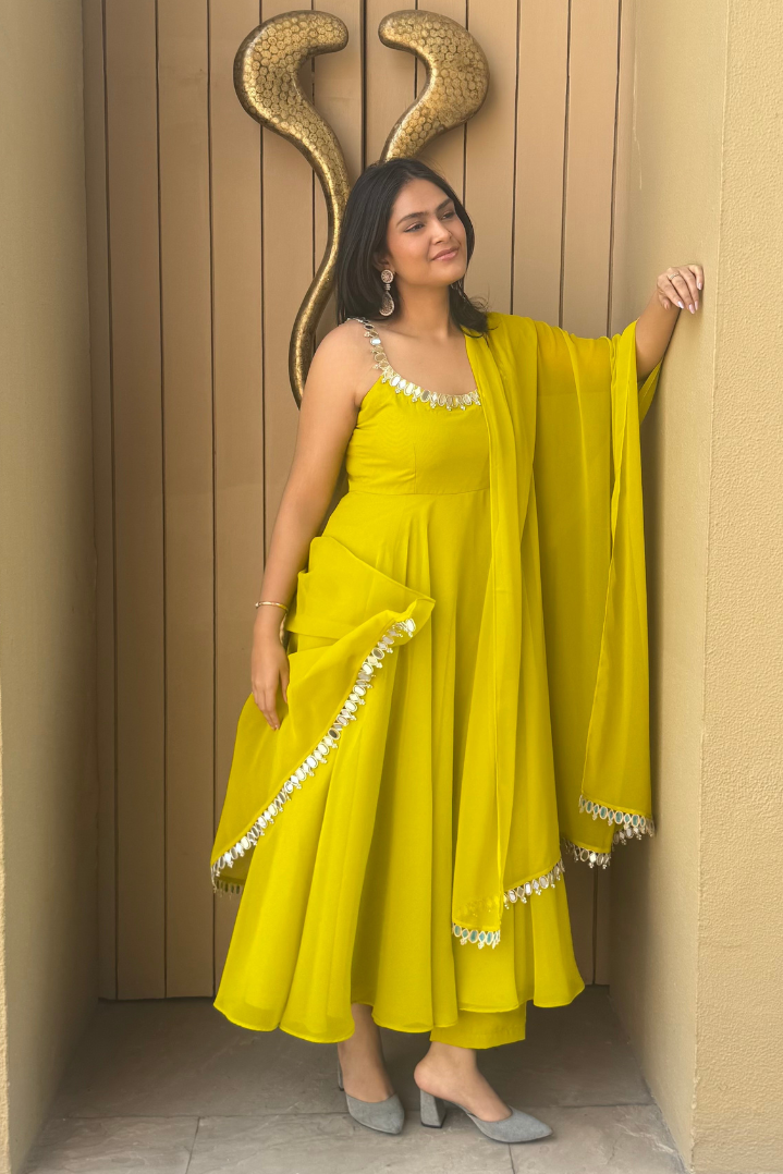 3 pc Suit Set -Lime Green Mirror Edge Georgette Sleeveless Anarkali with Dupatta and Pants