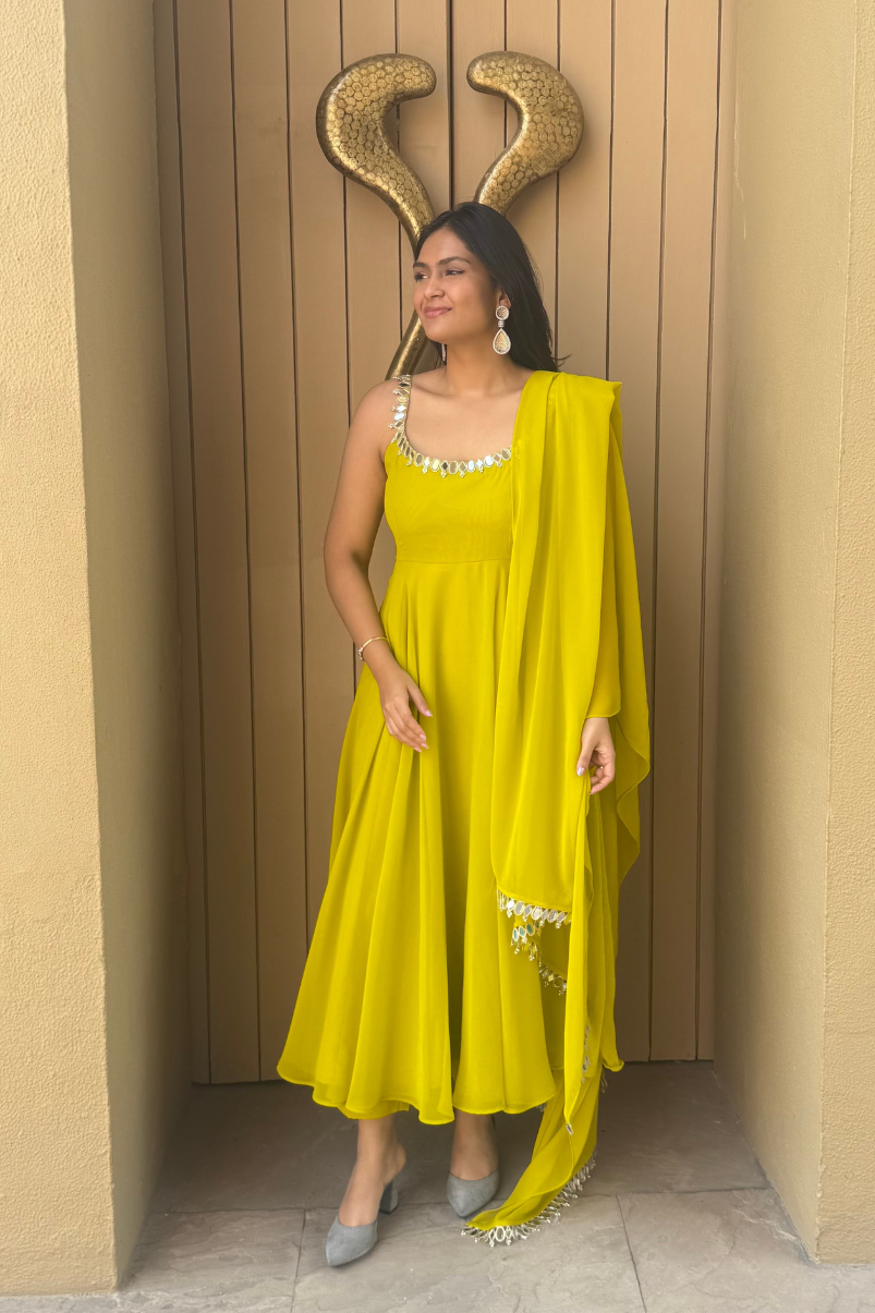 3 pc Suit Set -Lime Green Mirror Edge Georgette Sleeveless Anarkali with Dupatta and Pants