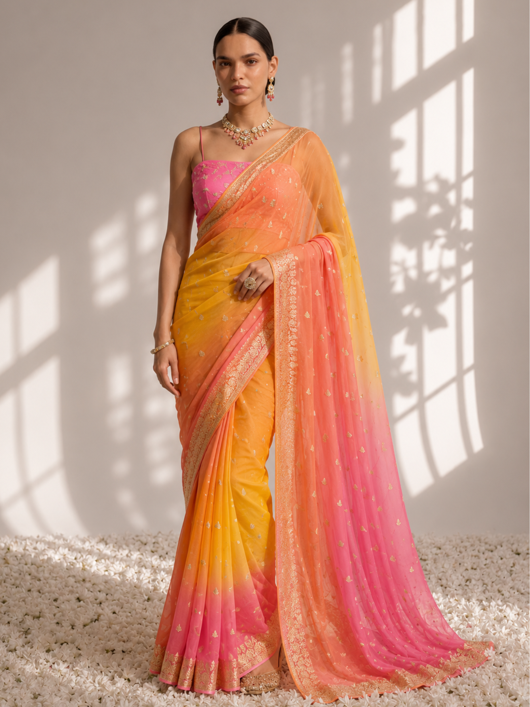 Pink and Yellow Jacquard Chiffon Hand Dyed Ombre Saree with Blouse Fabric