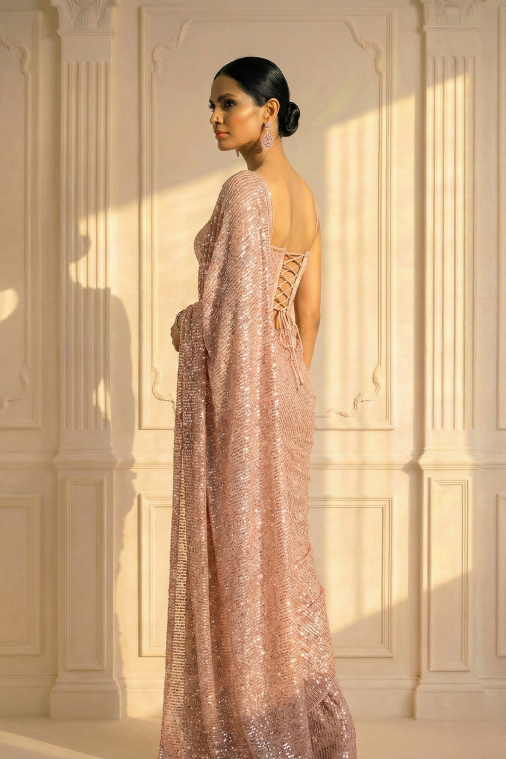 Blush Cream Knitted Sequin Saree with Blouse Fabric