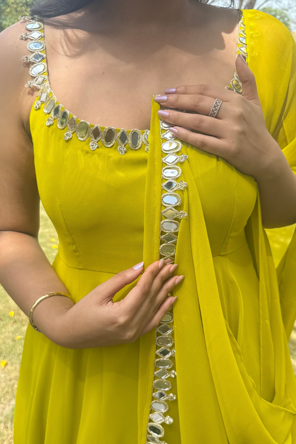 3 pc Suit Set -Lime Green Mirror Edge Georgette Sleeveless Anarkali with Dupatta and Pants