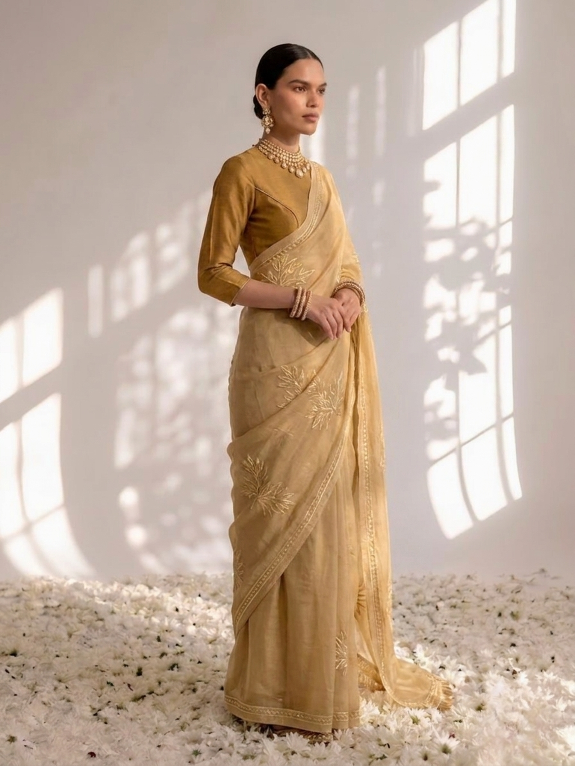 Beige and Fawn Ombre Diamond Chiffon Gota Patti Saree with Blouse Fabric