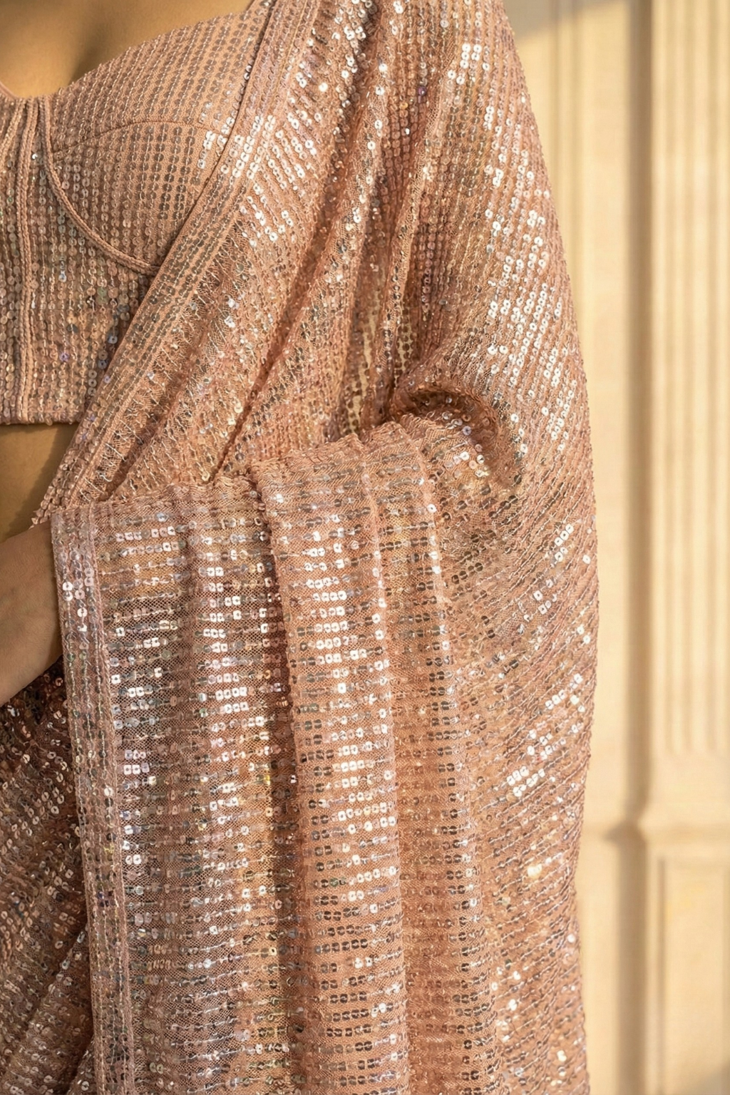 Blush Cream Knitted Sequin Saree with Blouse Fabric