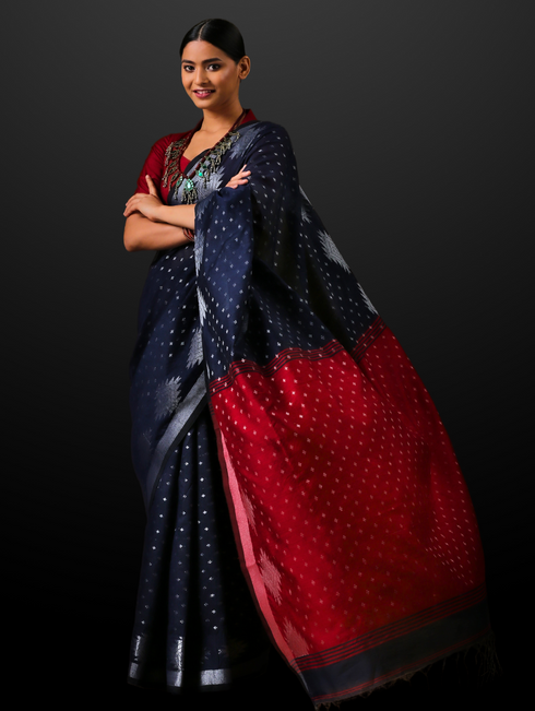 Blue & Red Handloom Saree with Blouse Fabric