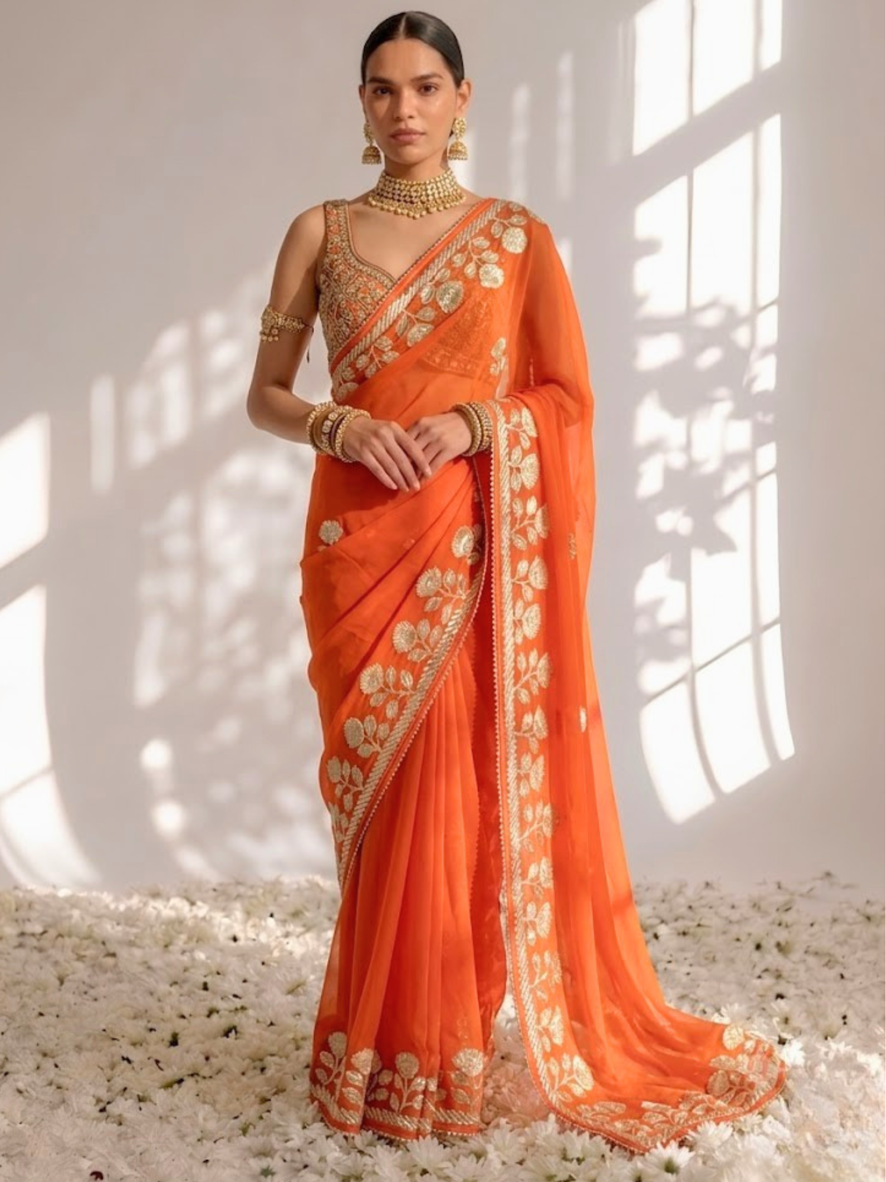 Tangerine Chiffon Gota Patti Saree with Piping and Blouse Fabric