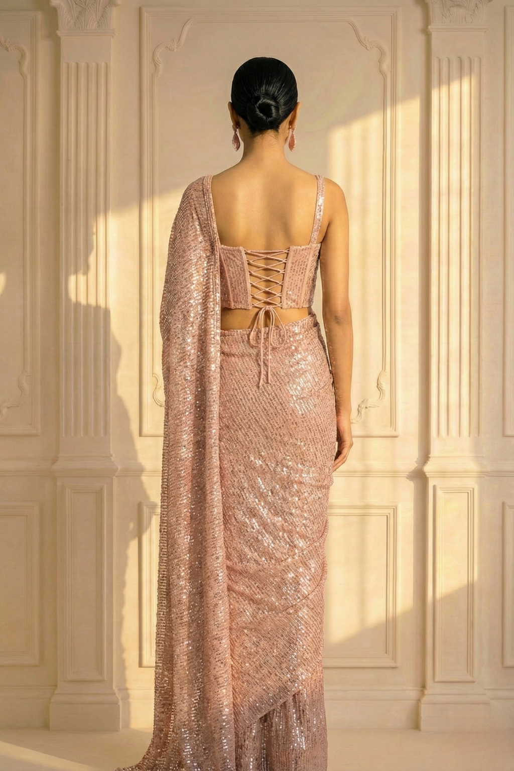 Blush Cream Knitted Sequin Saree with Blouse Fabric