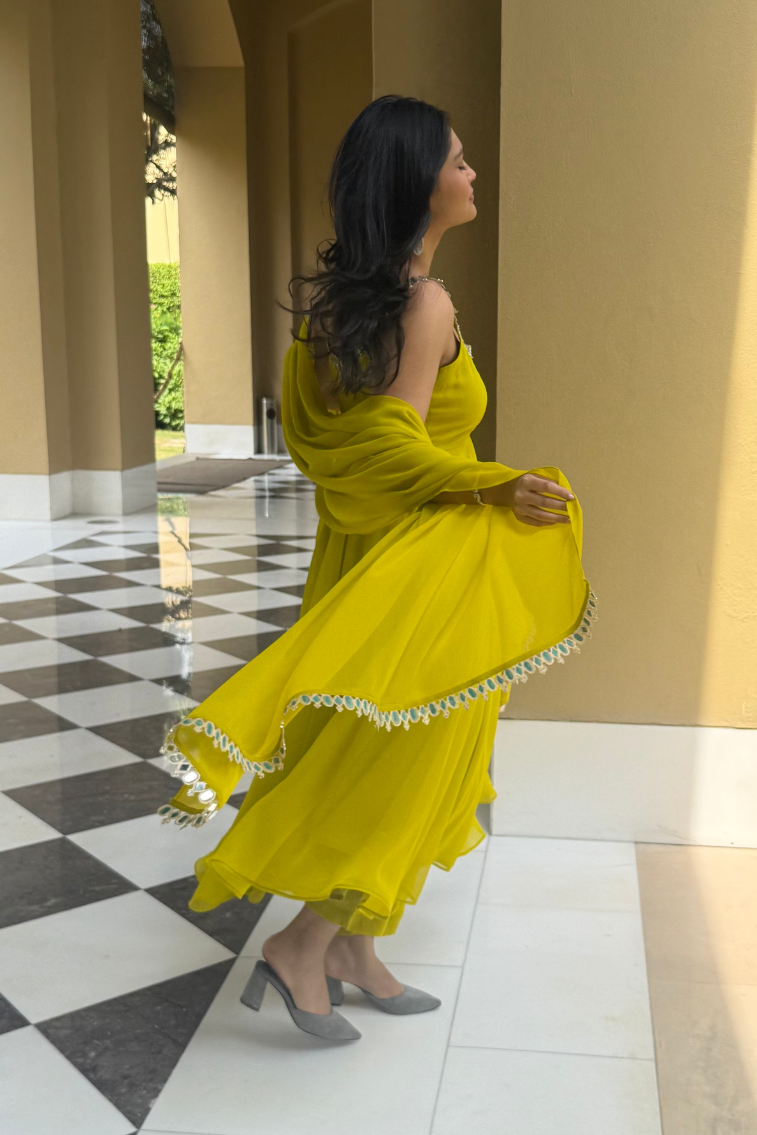 3 pc Suit Set -Lime Green Mirror Edge Georgette Sleeveless Anarkali with Dupatta and Pants