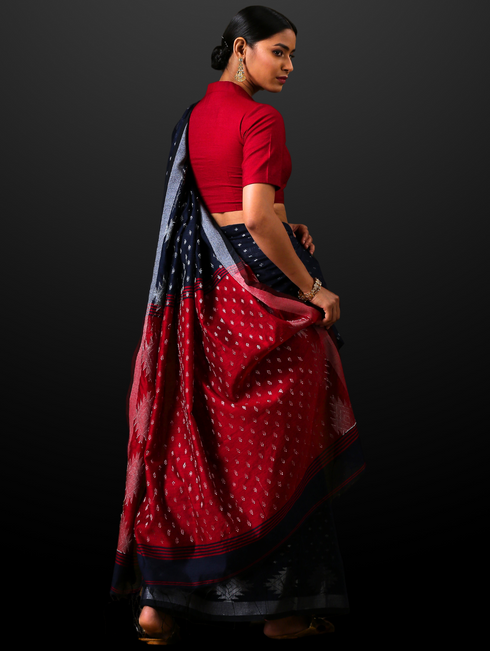Blue & Red Handloom Saree with Blouse Fabric