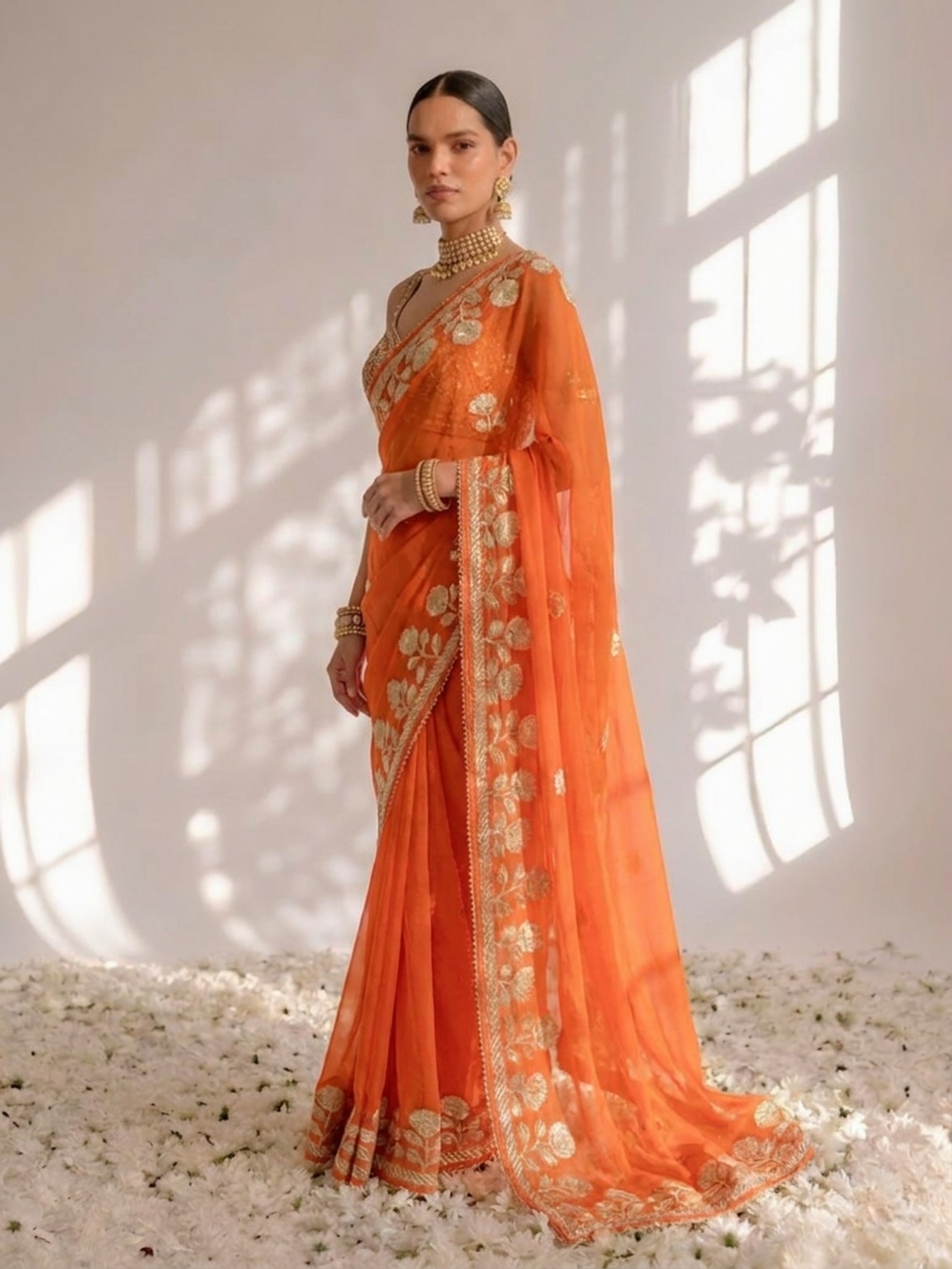 Tangerine Chiffon Gota Patti Saree with Piping and Blouse Fabric
