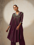 Women's Purple and Green Dual Shade Viscose Satin Kurta with Hand Embroidery on Neck and Sleeve 2 Piece Set | Straight Fit, V Neck, 3/4 Sleeves, Pants, Festive Wear, (Viscose Satin)