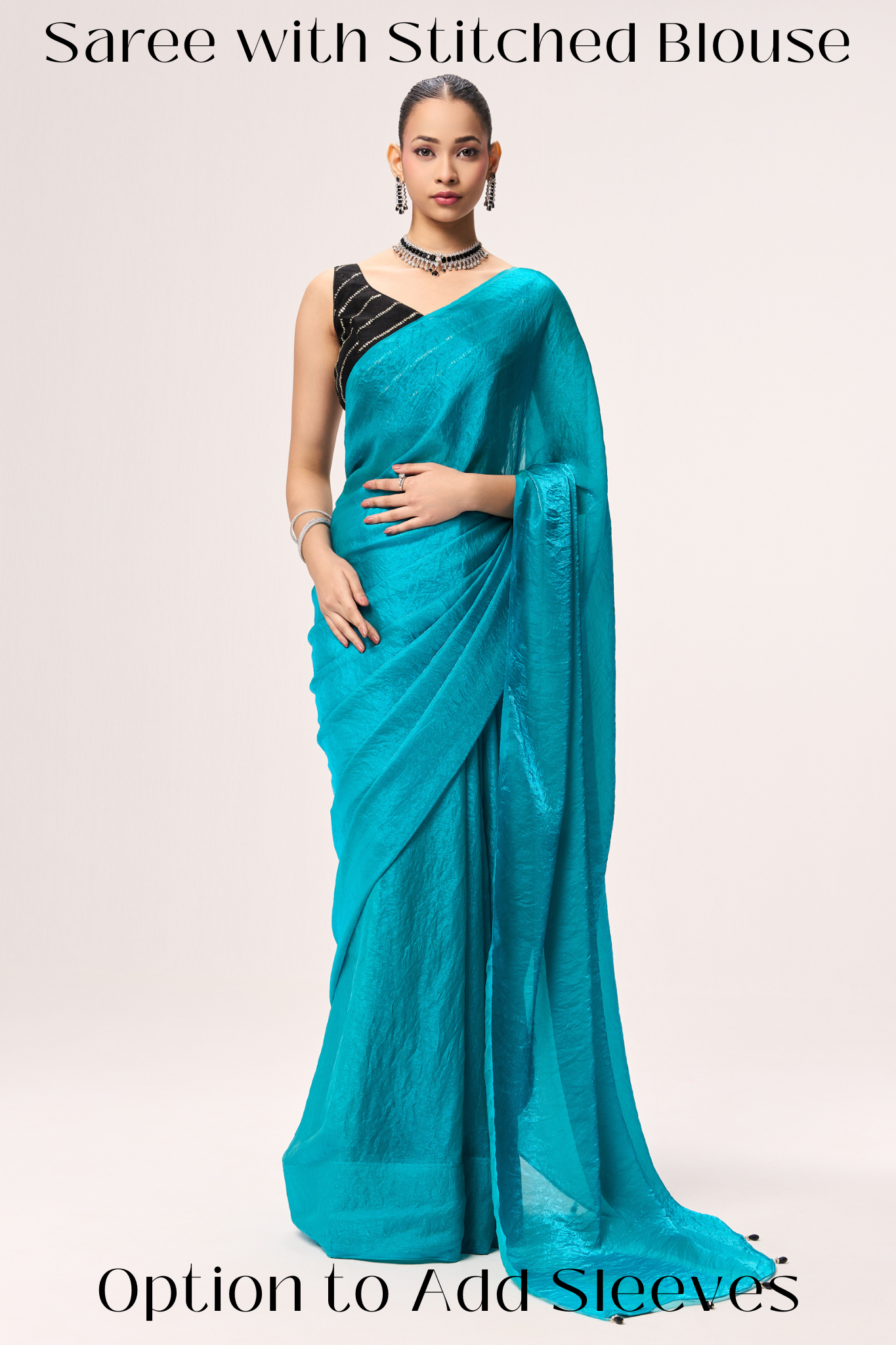 Azure Blue Metallic Satin Saree with Black Sequin Readymade Blouse