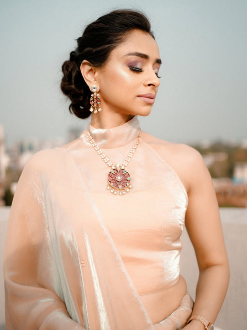 Peach Blue Metallic Satin Saree with Beads and Blouse Fabric
