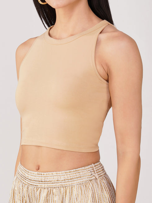 Women's Stretchy Knitted Halter Neck Nude Crop Top