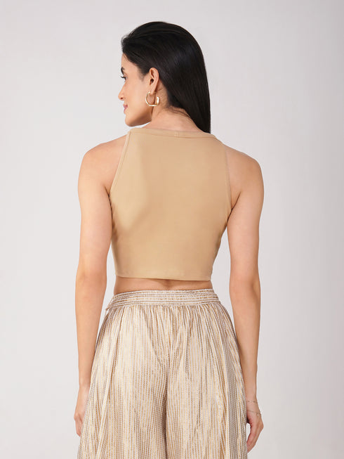 Women's Stretchy Knitted Halter Neck Nude Crop Top