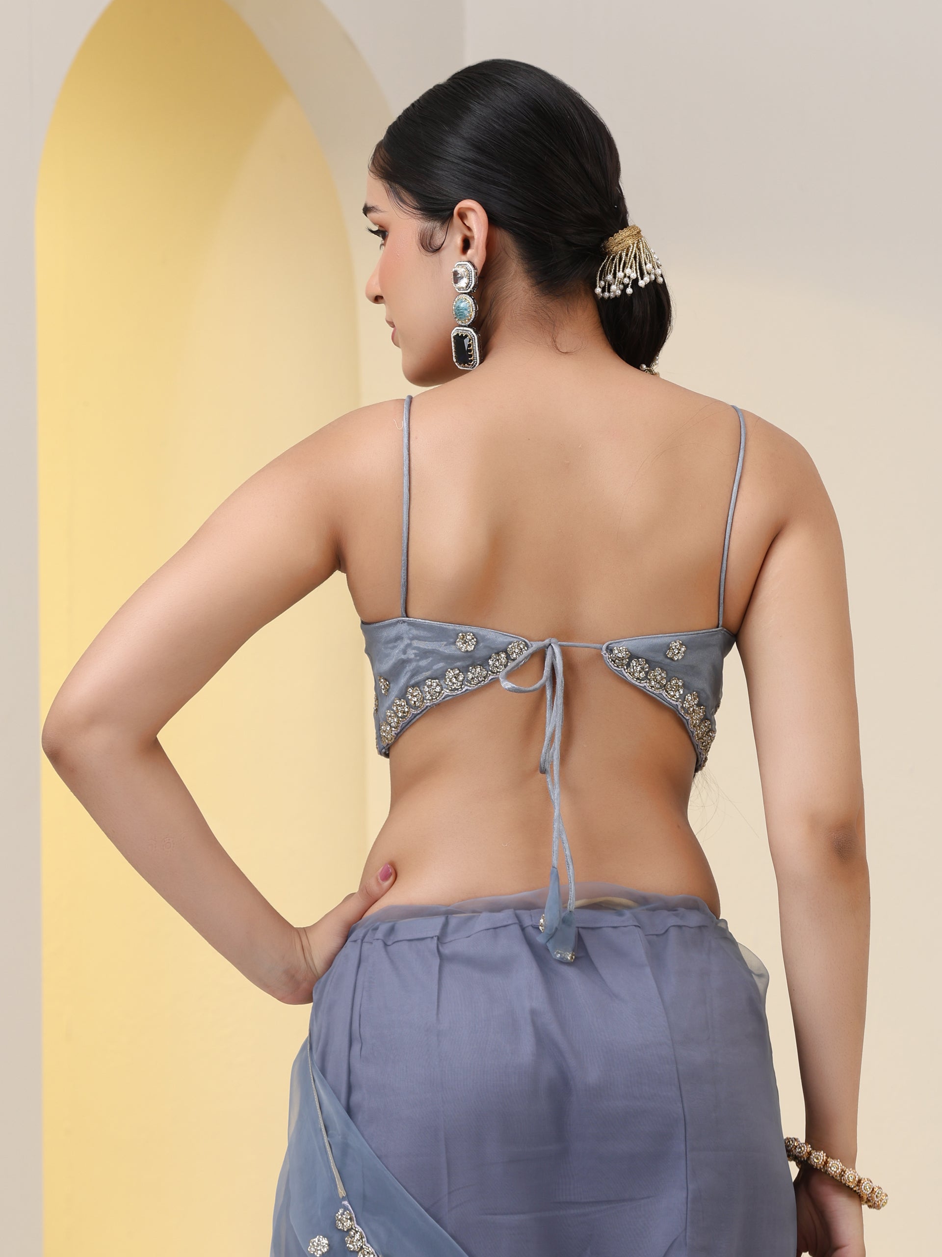 Blue Cloud Hand Embroidered Saree with Blouse Fabric
