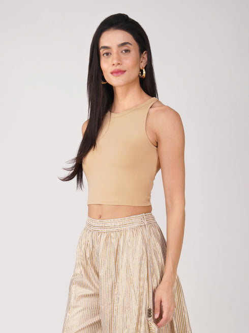 Women's Stretchy Knitted Halter Neck Nude Crop Top