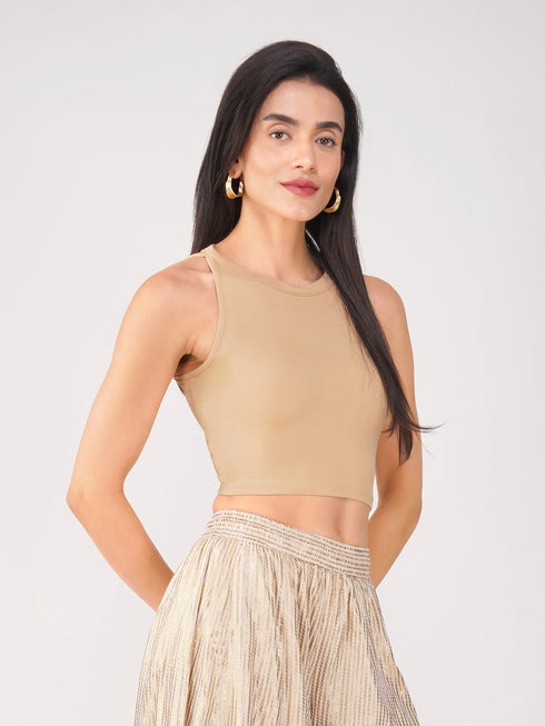 Women's Stretchy Knitted Halter Neck Nude Crop Top