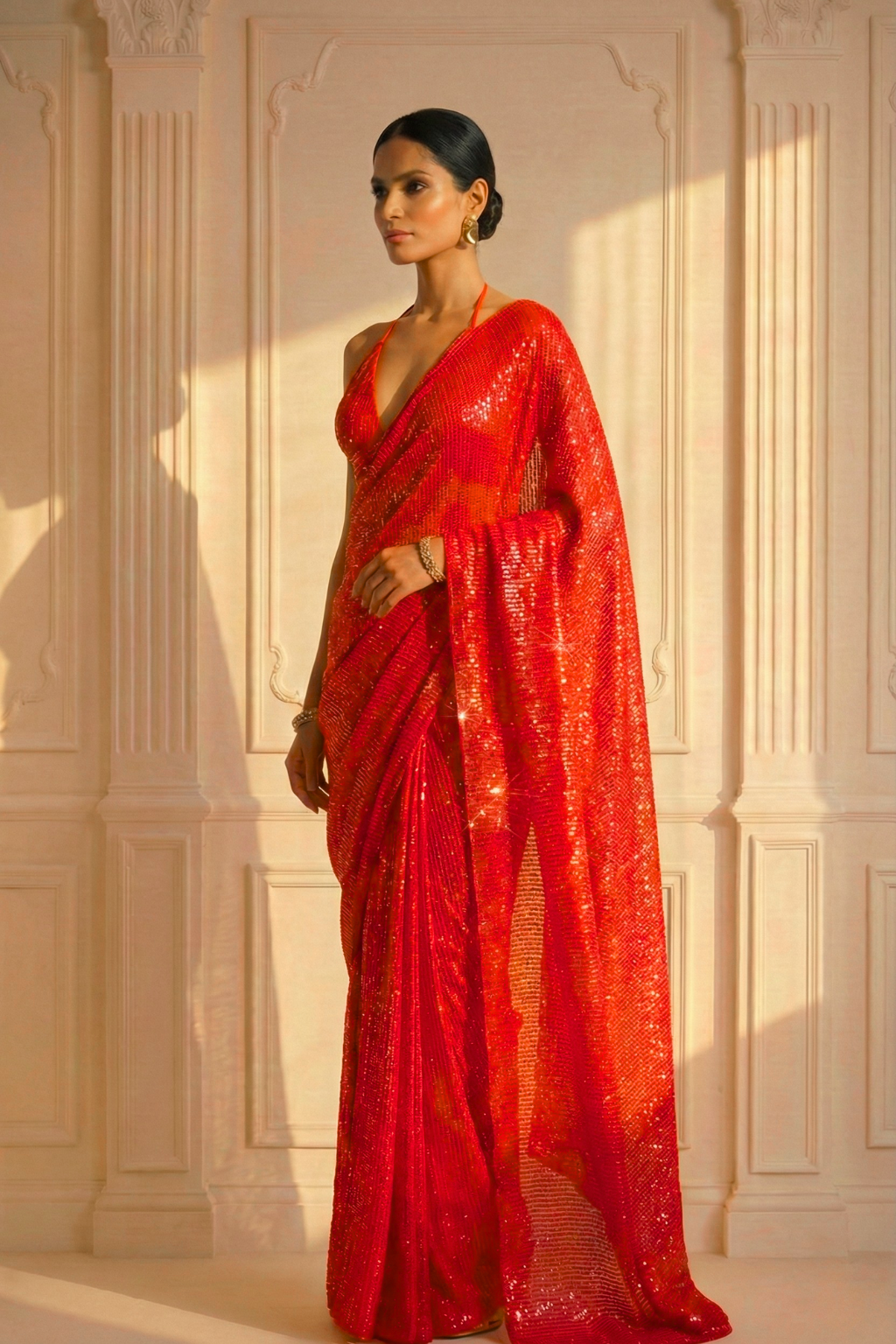Scarlet Rouge Knitted Sequin Saree with Blouse Fabric