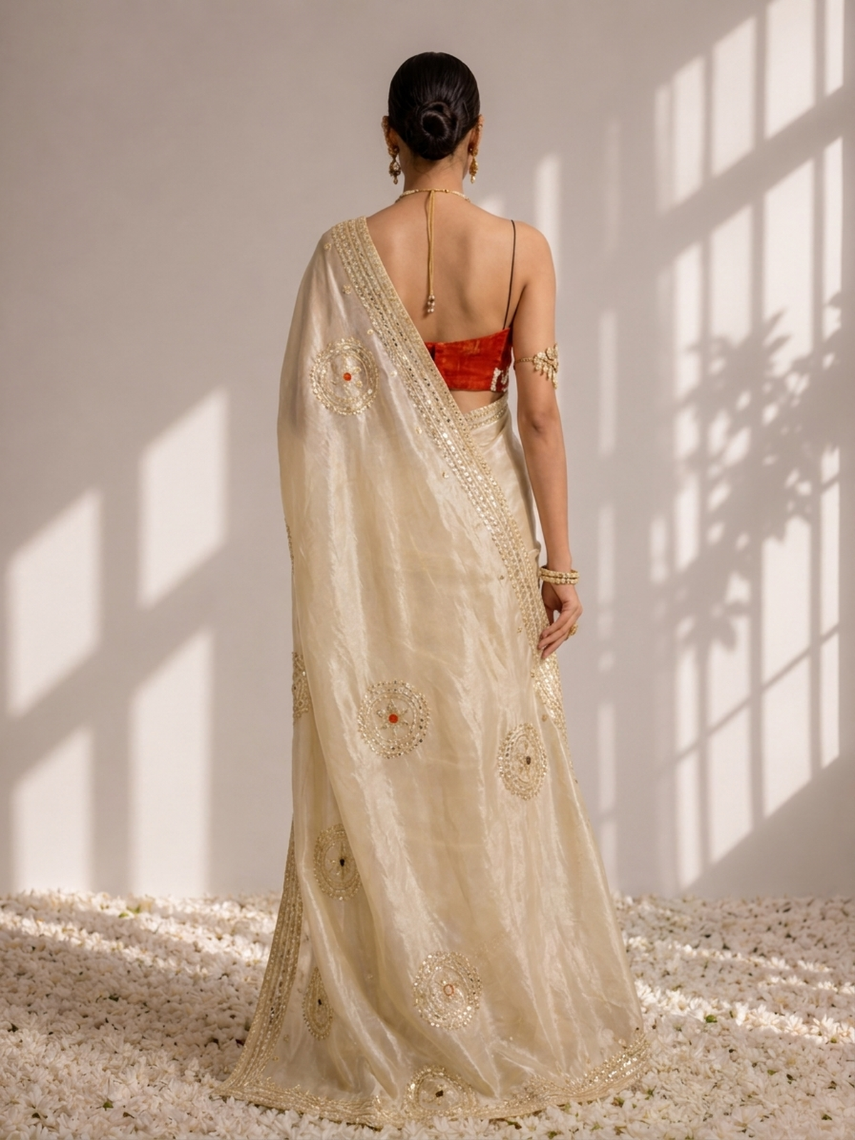 Gold Tissue with Tangerine Blouse Gota Patti Saree with Blouse Fabric