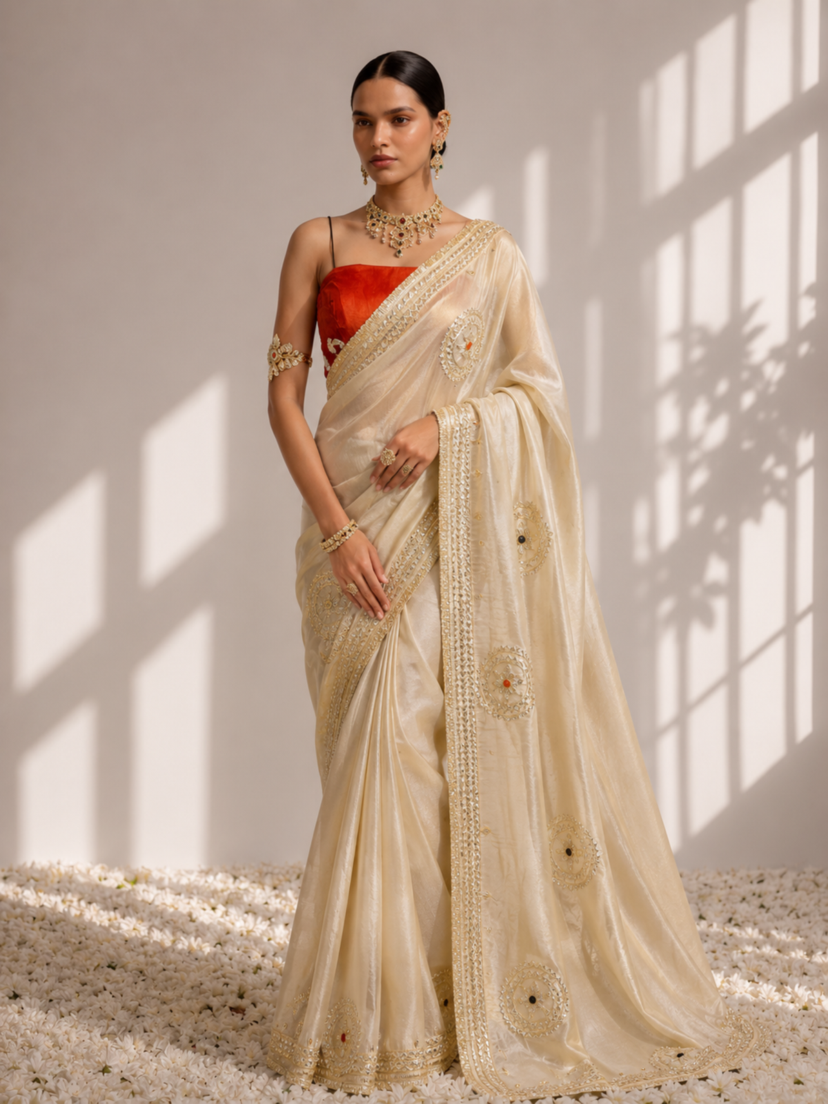 Gold Tissue with Tangerine Blouse Gota Patti Saree with Blouse Fabric