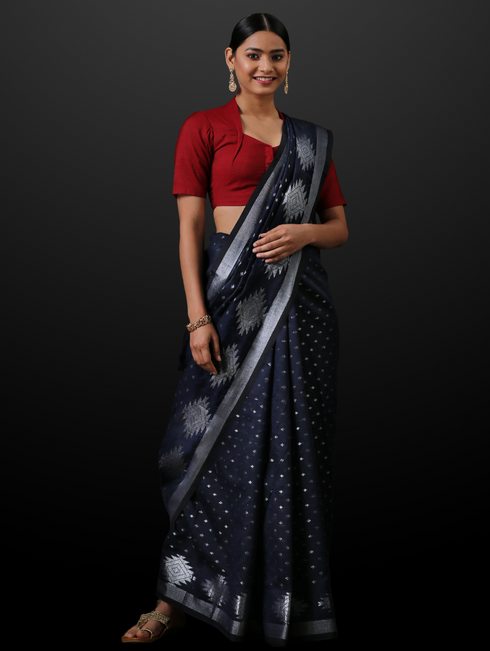 Blue & Red Handloom Saree with Blouse Fabric
