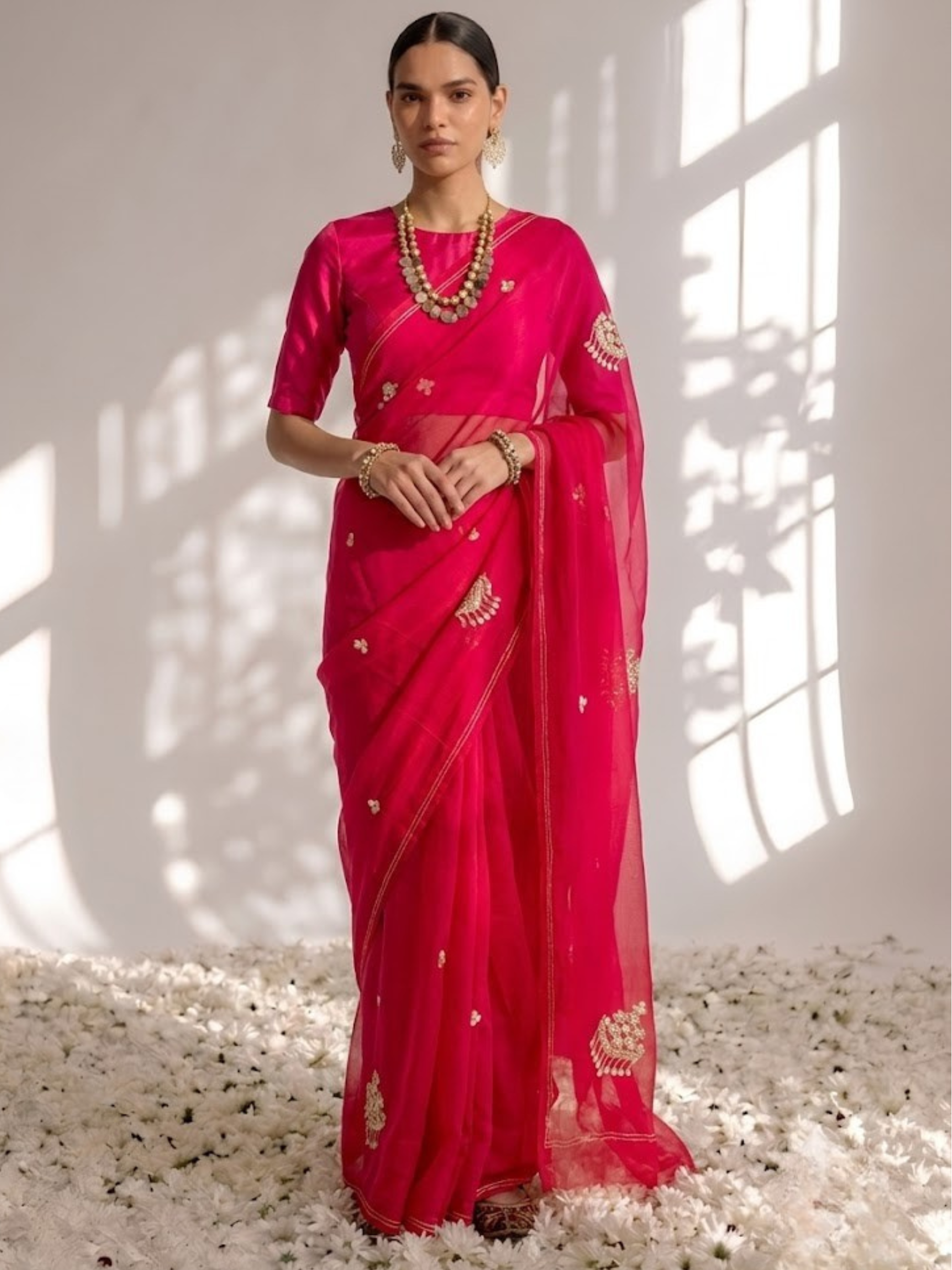 Rani Pink and Red Pure Silk Chiffon Hand Ombre Saree with Jewellery Embroidery and Blouse Fabric