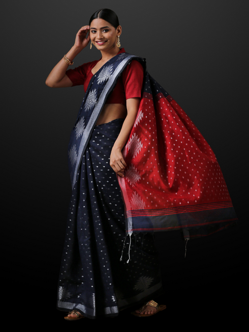 Blue & Red Handloom Saree with Blouse Fabric