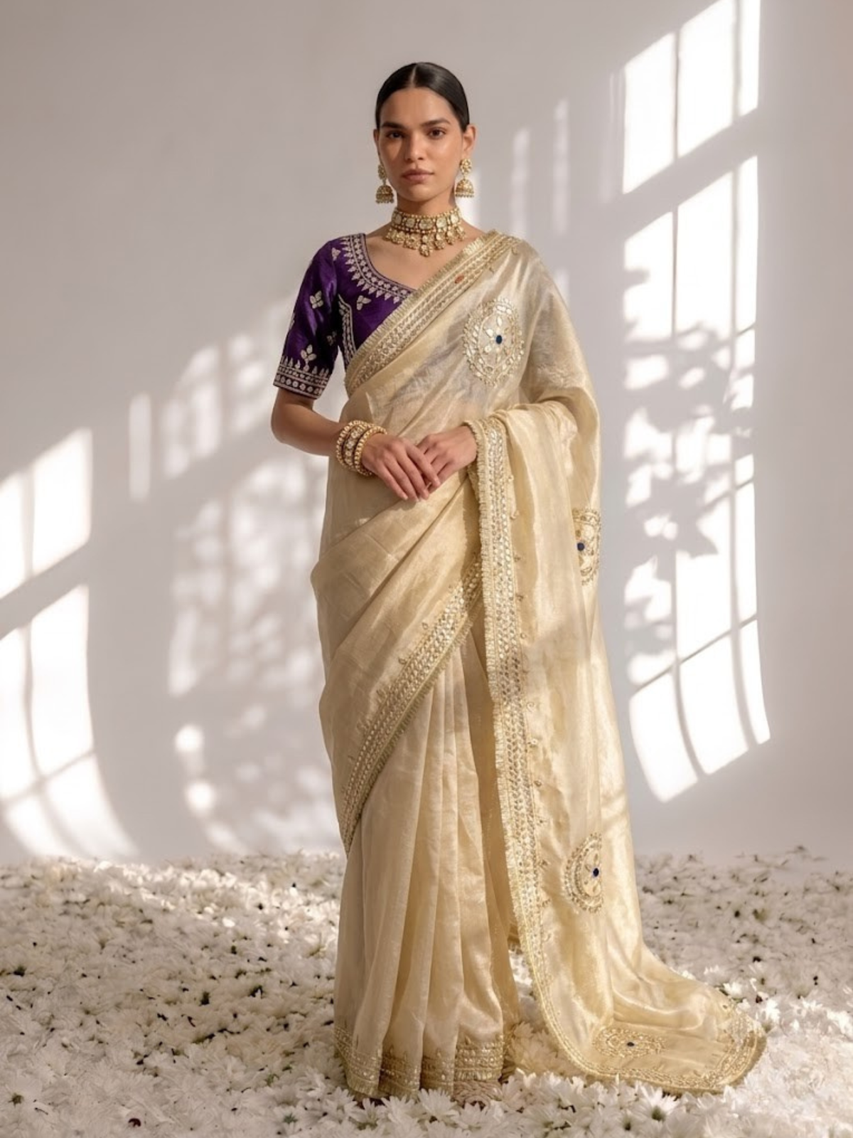 Gold Tissue with Purple Blouse Gota Patti Saree with Blouse Fabric