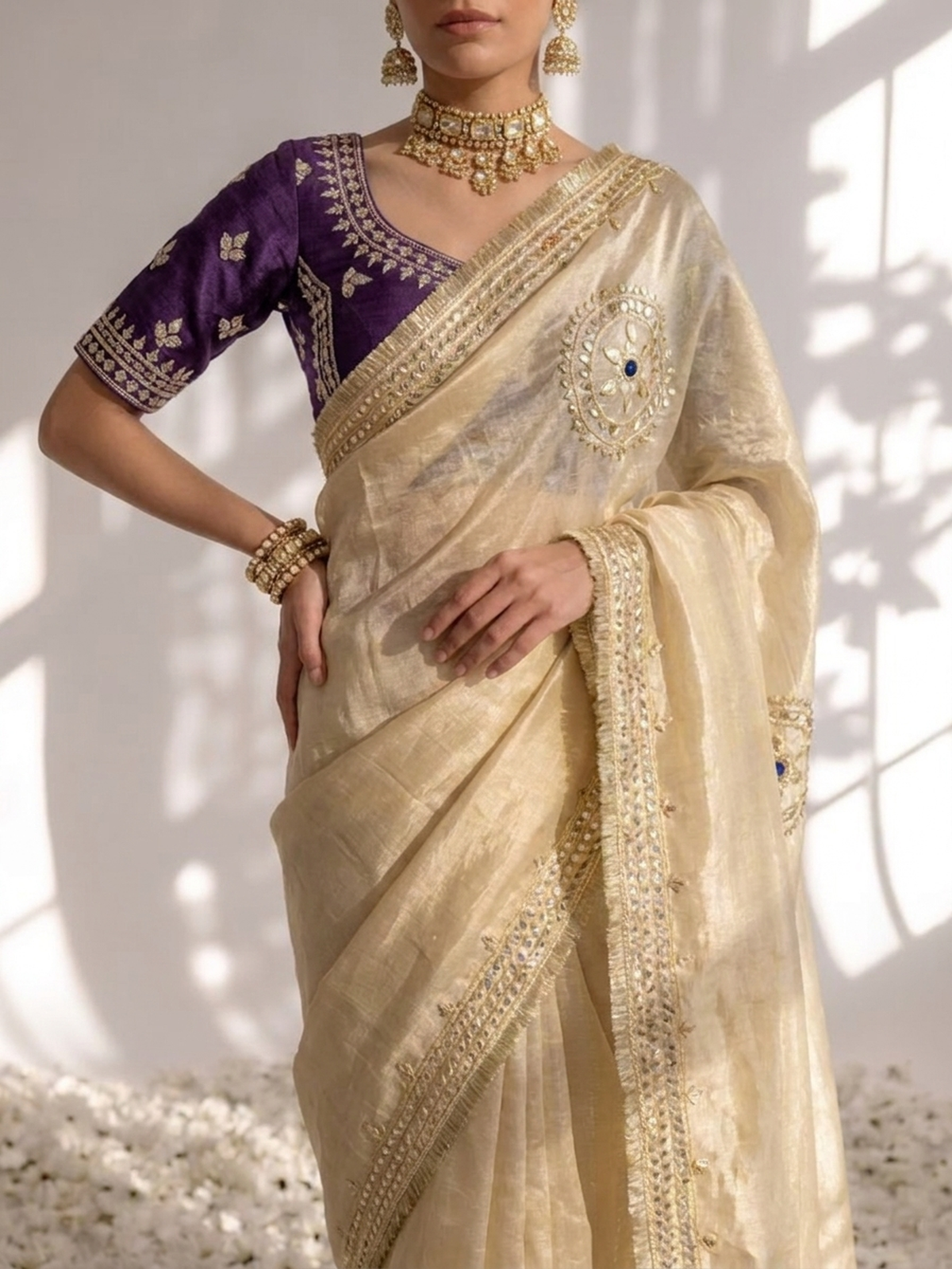 Gold Tissue with Purple Blouse Gota Patti Saree with Blouse Fabric